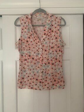 Calvin Klein Pink and Green Sleeveless V Neck Floral Blouse - size M